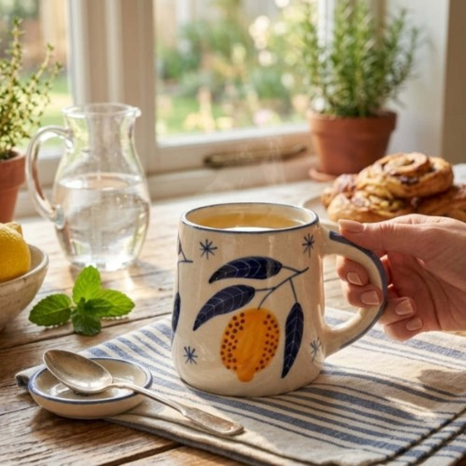 Ceramic coffee mug with hand-painted yellow lemons and blue leaves, set of two